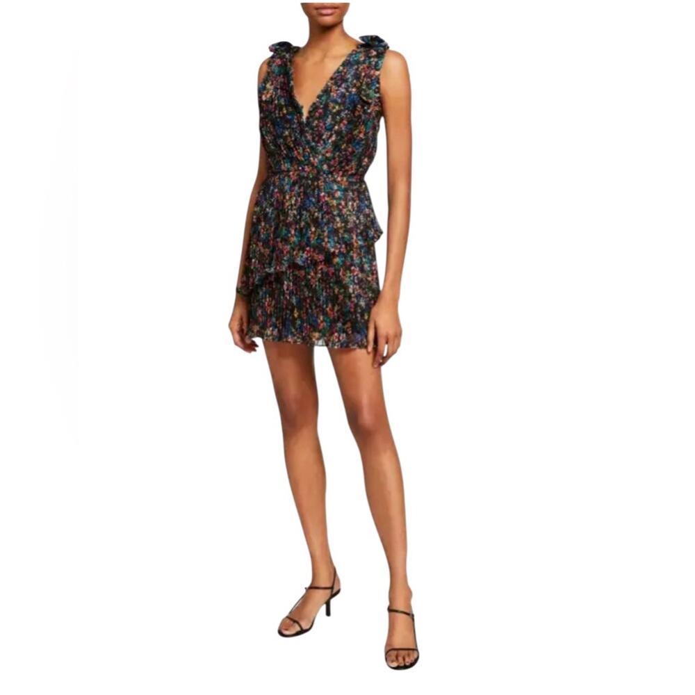 La Maison Talulah Floral Print Pleats Ruffle Chiffon Tiered Mini Dress Flirty S